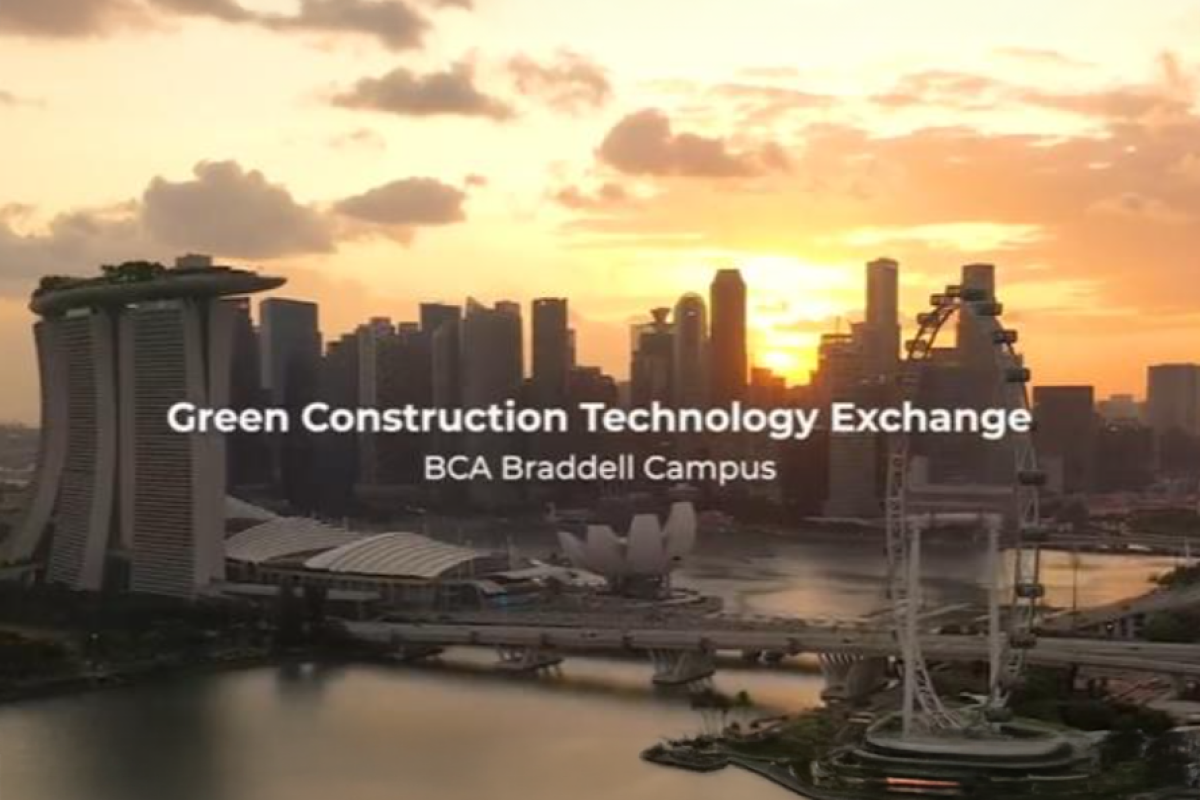 Sunset city skyline with text announcing Green Construction Technology Exchange at BCA Braddell Campus.